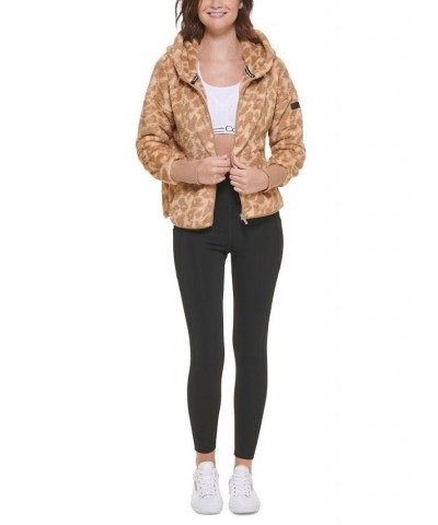 Women's Fuzzy Animal-Print Hooded Zipper Jacket Brown $30.66 Jackets