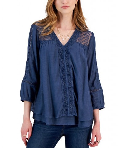 Women's 3/4-Sleeve Embroidered Lace Top Blue $13.90 Tops