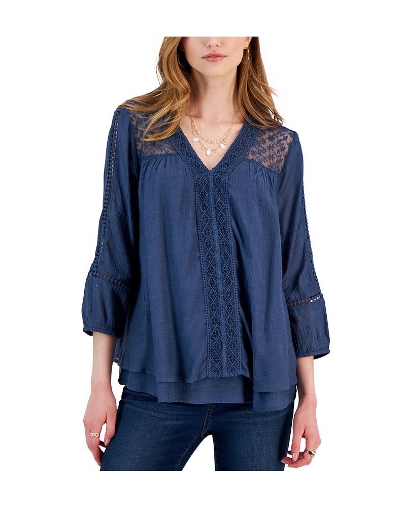 Women's 3/4-Sleeve Embroidered Lace Top Blue $13.90 Tops