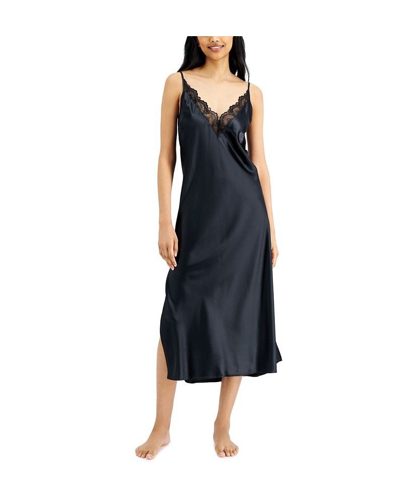 Lace-Trim Long Satin Lingerie Nightgown Deep Black $12.45 Sleepwear