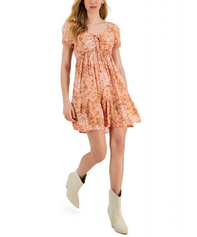 Juniors' V-Neck Short-Sleeve Tiered Dress Tan/Beige $25.97 Dresses