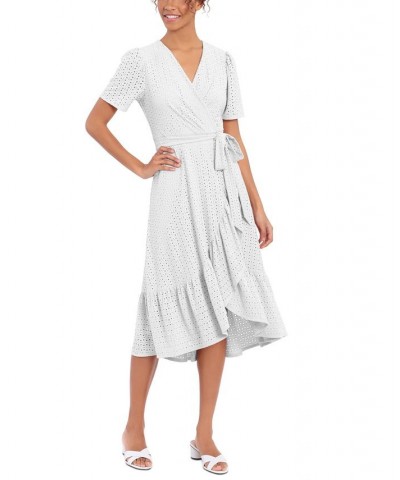 Petite Eyelet Faux-Wrap Midi Dress Ivory $50.14 Dresses