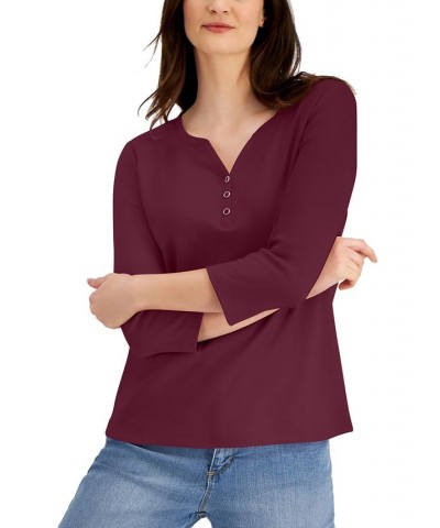 Cotton Henley V-Neck Top Red $10.39 Tops