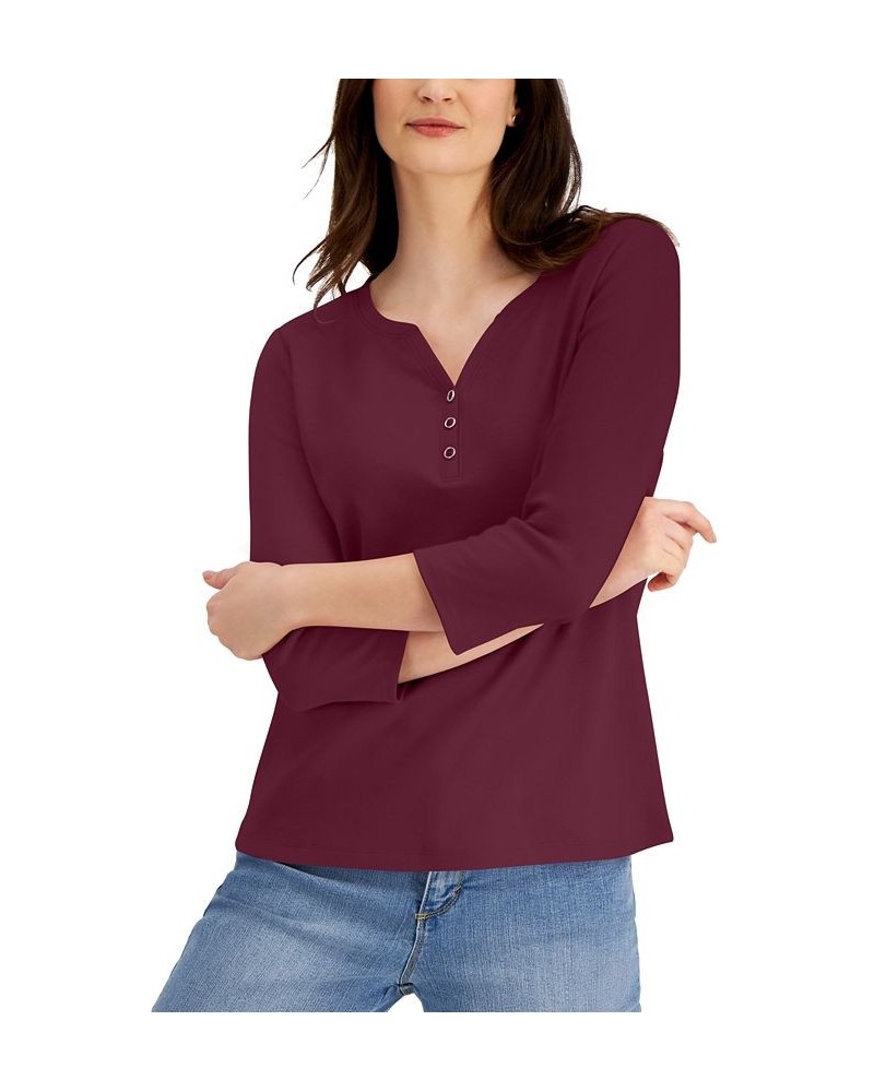 Cotton Henley V-Neck Top Red $10.39 Tops