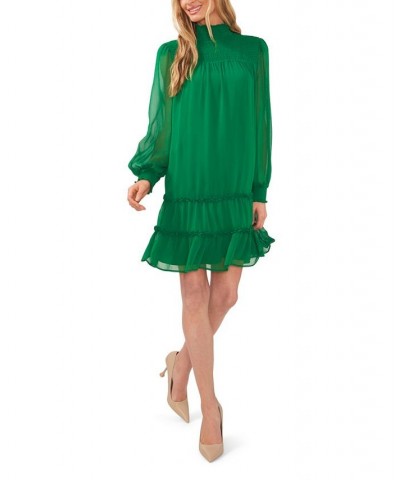 Women's Long Sleeve Smocked Mock-Neck Ruffle Hem Dress Green $30.58 Dresses