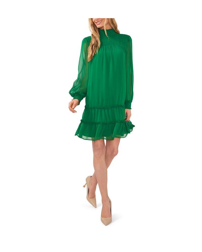 Women's Long Sleeve Smocked Mock-Neck Ruffle Hem Dress Green $30.58 Dresses