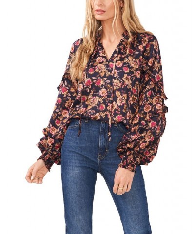 Women's Ruffle Long Sleeve Split Neck Top Woodblock Floral $26.16 Tops