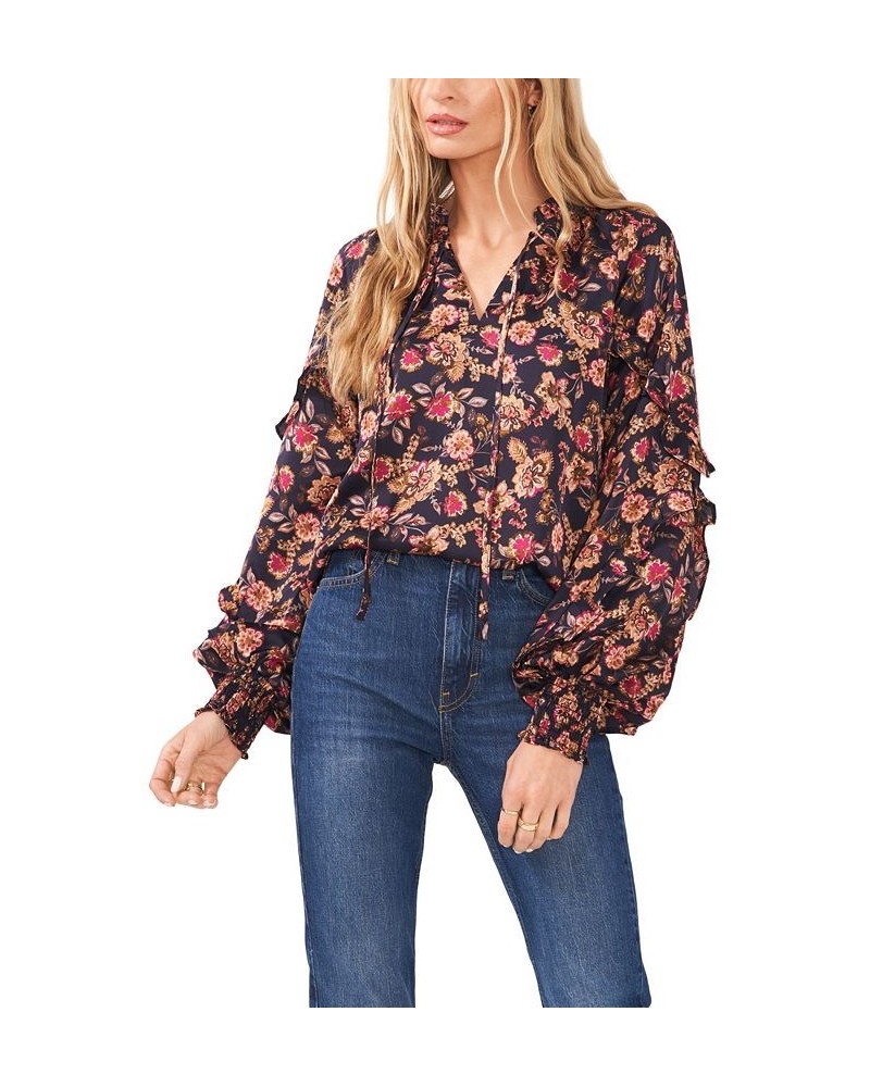 Women's Ruffle Long Sleeve Split Neck Top Woodblock Floral $26.16 Tops