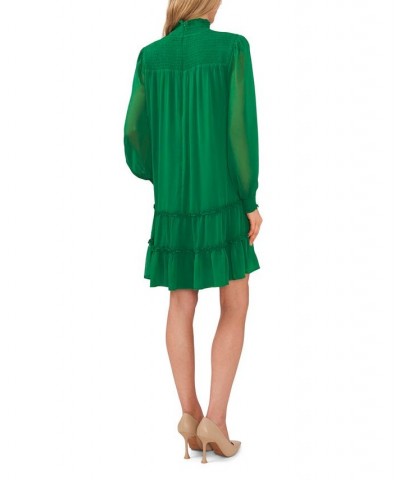 Women's Long Sleeve Smocked Mock-Neck Ruffle Hem Dress Green $30.58 Dresses