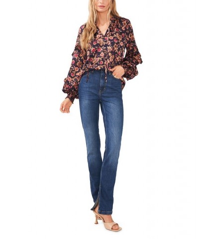 Women's Ruffle Long Sleeve Split Neck Top Woodblock Floral $26.16 Tops