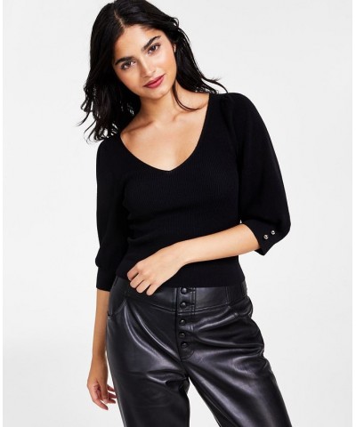 Women's Puff-Sleeve V-Neck Sweater Deep Black $13.66 Sweaters