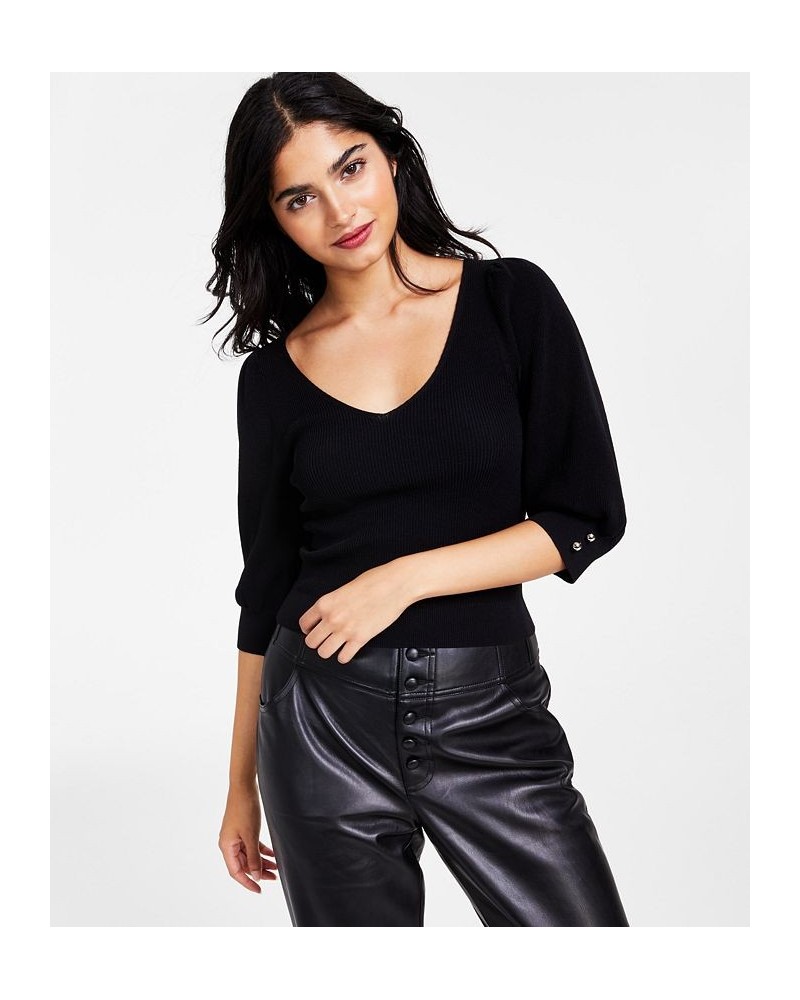 Women's Puff-Sleeve V-Neck Sweater Deep Black $13.66 Sweaters