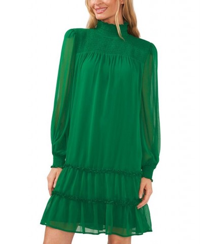 Women's Long Sleeve Smocked Mock-Neck Ruffle Hem Dress Green $30.58 Dresses