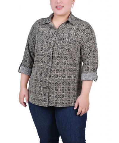 Plus Size 3/4 Sleeve Roll Tab Notch Collar Blouse Black and Doeskin Floral Iconic $16.64 Tops