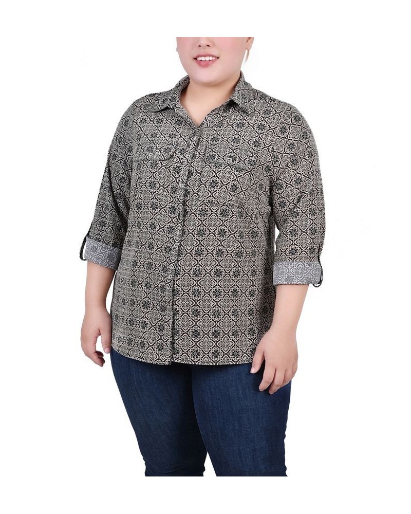 Plus Size 3/4 Sleeve Roll Tab Notch Collar Blouse Black and Doeskin Floral Iconic $16.64 Tops