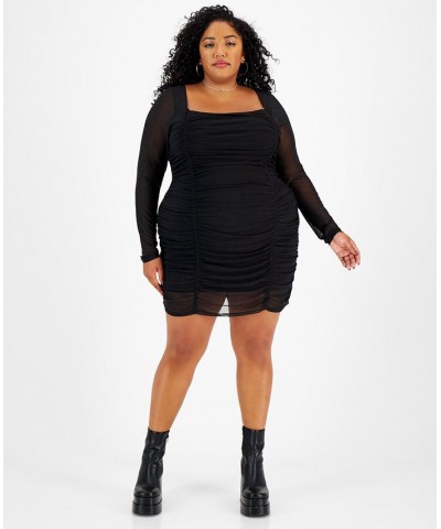 Plus Size Mesh-Overlay Ruched Bodycon Mini Dress Deep Black $23.45 Dresses