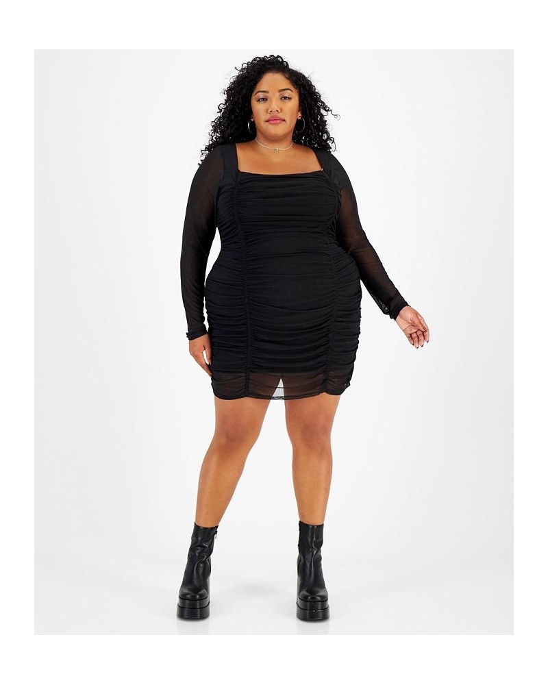 Plus Size Mesh-Overlay Ruched Bodycon Mini Dress Deep Black $23.45 Dresses