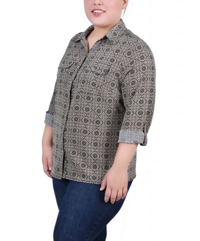 Plus Size 3/4 Sleeve Roll Tab Notch Collar Blouse Black and Doeskin Floral Iconic $16.64 Tops