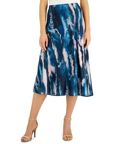 Women's Satin Printed Fit & Flare Skirt Blue Ocean Multi $33.31 Skirts