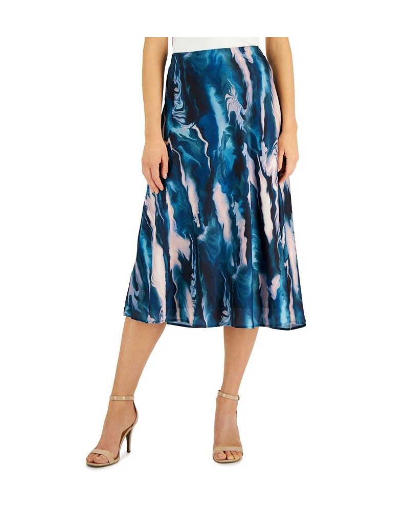 Women's Satin Printed Fit & Flare Skirt Blue Ocean Multi $33.31 Skirts