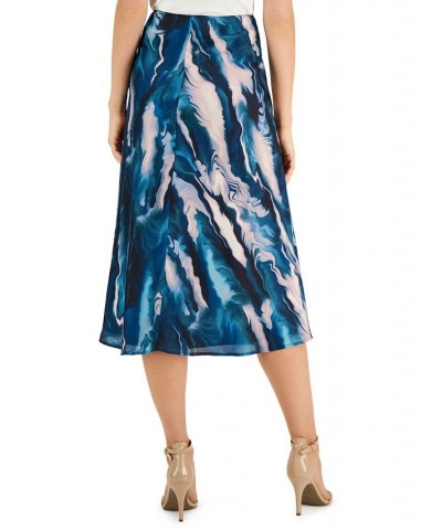 Women's Satin Printed Fit & Flare Skirt Blue Ocean Multi $33.31 Skirts