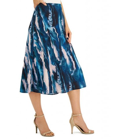 Women's Satin Printed Fit & Flare Skirt Blue Ocean Multi $33.31 Skirts