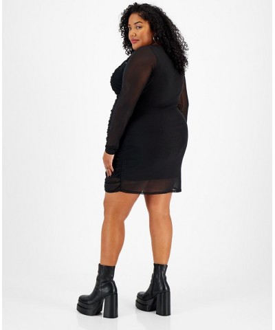 Plus Size Mesh-Overlay Ruched Bodycon Mini Dress Deep Black $23.45 Dresses