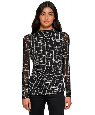 Women's Long Sleeve Printed Mesh Top Black/Soft White Combo $20.57 Tops