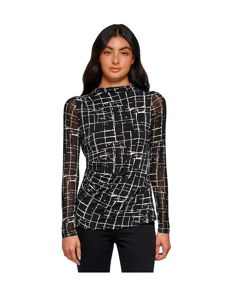 Women's Long Sleeve Printed Mesh Top Black/Soft White Combo $20.57 Tops