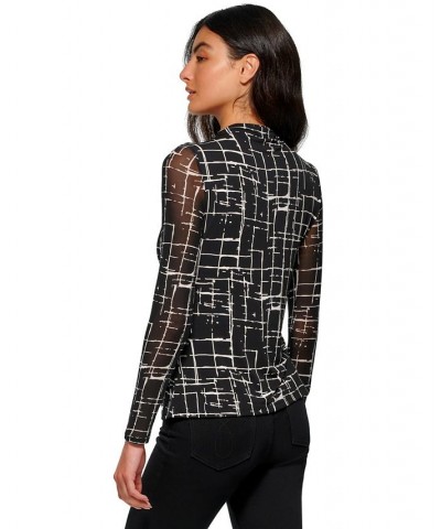 Women's Long Sleeve Printed Mesh Top Black/Soft White Combo $20.57 Tops