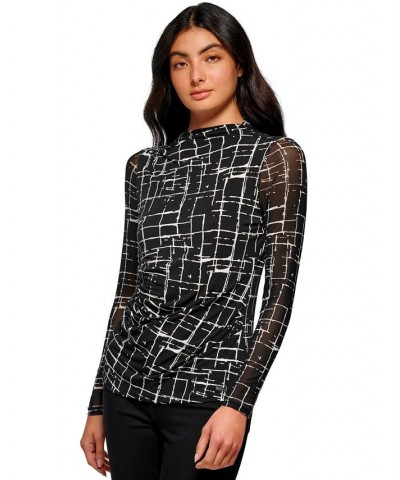 Women's Long Sleeve Printed Mesh Top Black/Soft White Combo $20.57 Tops