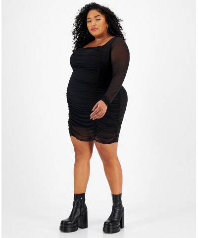 Plus Size Mesh-Overlay Ruched Bodycon Mini Dress Deep Black $23.45 Dresses