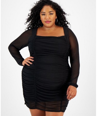 Plus Size Mesh-Overlay Ruched Bodycon Mini Dress Deep Black $23.45 Dresses