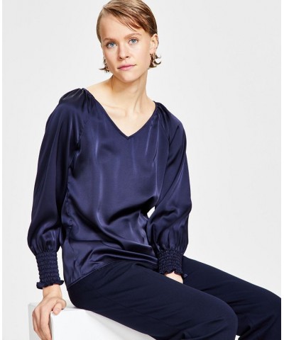 Women's Long-Sleeve V-Neck Blouse Blue $21.56 Tops