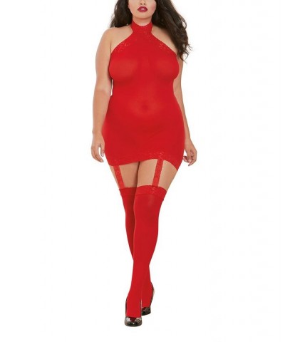 Women's Plus Size Sheer Halter Garter Dress with Attached Garters and Stockings Lingerie Set Red $15.60 Lingerie