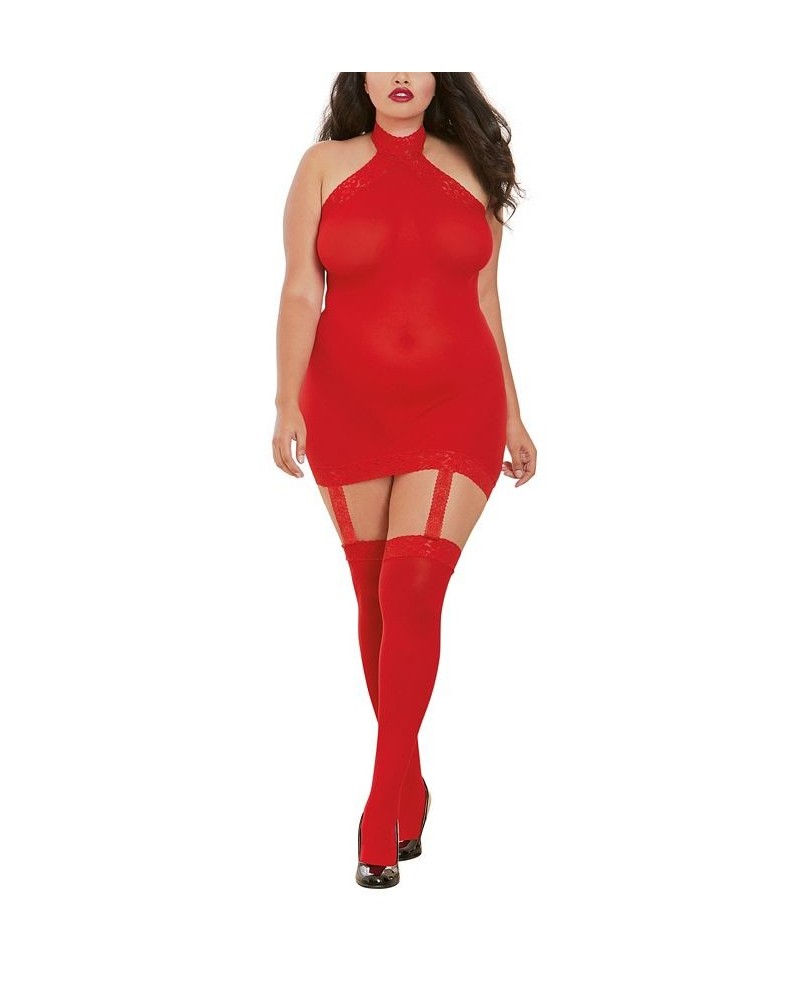 Women's Plus Size Sheer Halter Garter Dress with Attached Garters and Stockings Lingerie Set Red $15.60 Lingerie