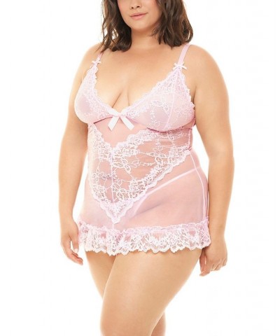 Plus Size Valentine Soft Cup Lacey Babydoll and G-string Set Pink Tulle $20.09 Lingerie