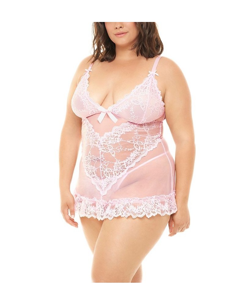 Plus Size Valentine Soft Cup Lacey Babydoll and G-string Set Pink Tulle $20.09 Lingerie