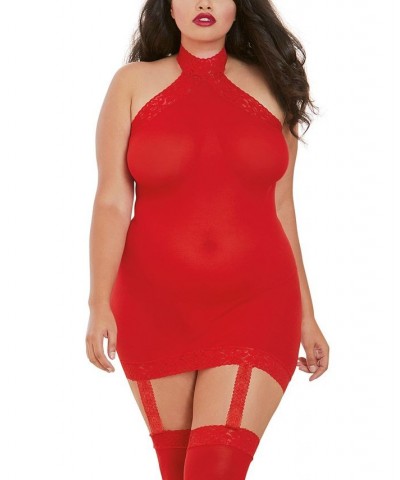 Women's Plus Size Sheer Halter Garter Dress with Attached Garters and Stockings Lingerie Set Red $15.60 Lingerie