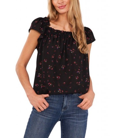 Women's Ruffled Square Neckline Floral Top Rich Black $25.19 Tops