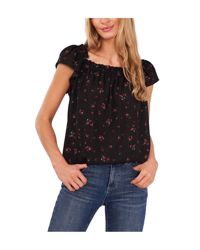 Women's Ruffled Square Neckline Floral Top Rich Black $25.19 Tops