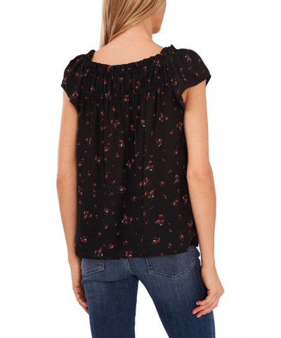 Women's Ruffled Square Neckline Floral Top Rich Black $25.19 Tops