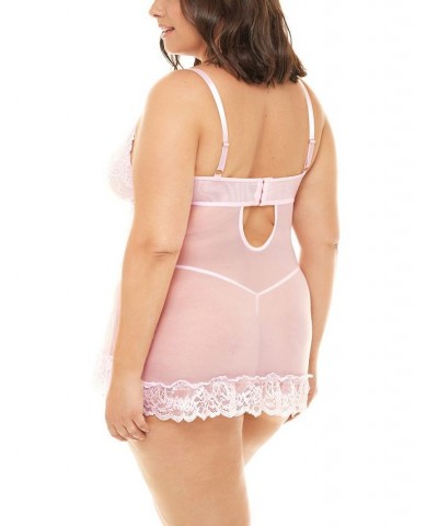 Plus Size Valentine Soft Cup Lacey Babydoll and G-string Set Pink Tulle $20.09 Lingerie