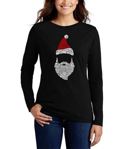 Women's Santa Claus Word Art Long Sleeve T-shirt Black $19.23 Tops