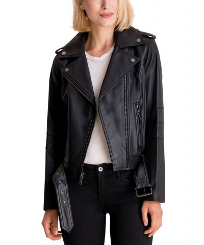 Women's Belted Leather Moto Coat Black $144.30 Coats