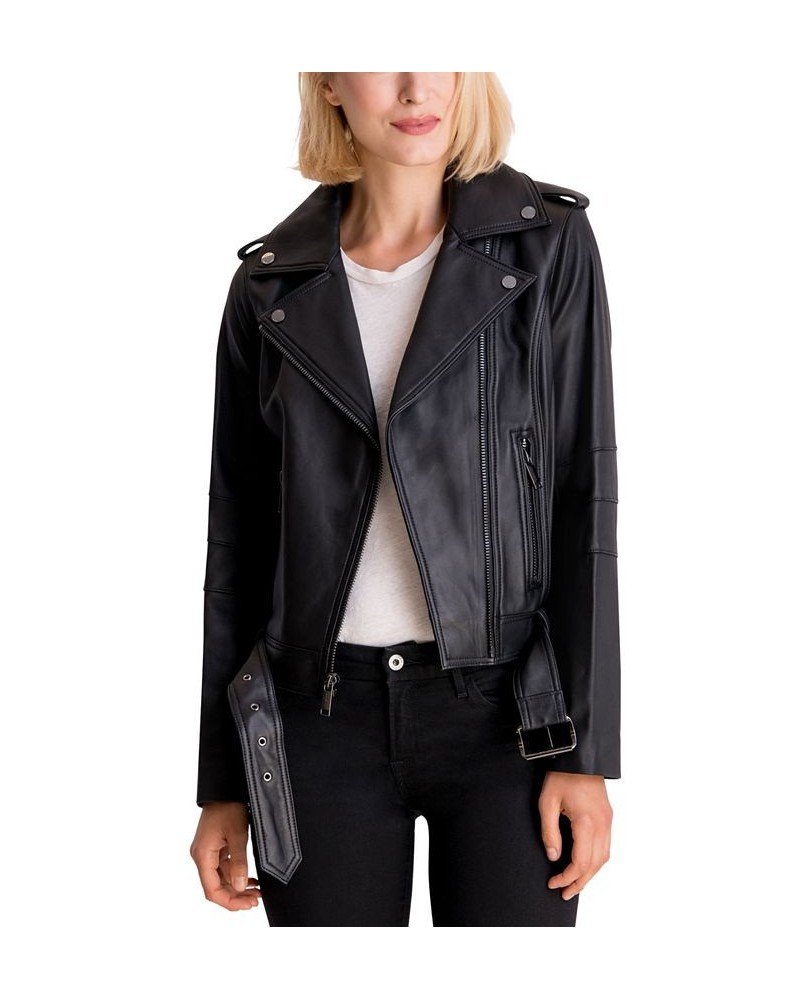 Women's Belted Leather Moto Coat Black $144.30 Coats