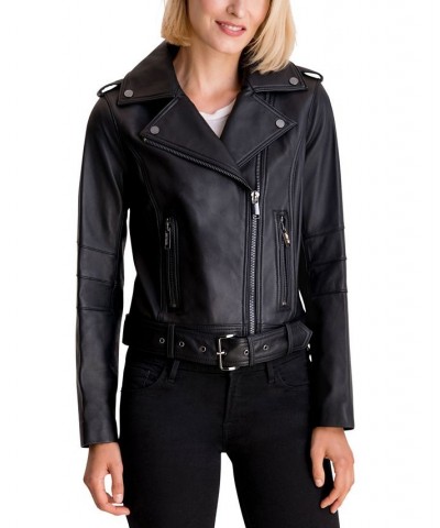 Women's Belted Leather Moto Coat Black $144.30 Coats