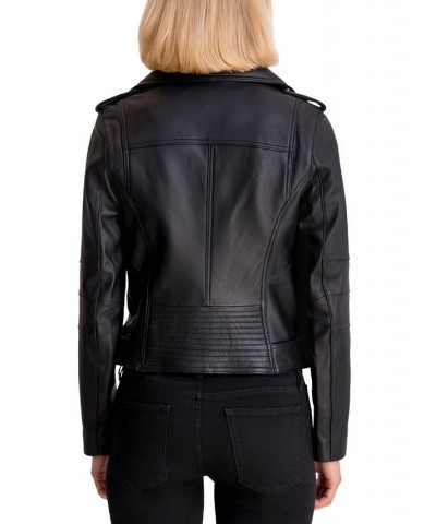 Women's Belted Leather Moto Coat Black $144.30 Coats