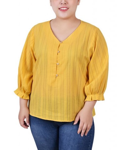 Plus Size 3/4 Sleeve Button Placket Jacquard Blouse Yellow $14.20 Tops