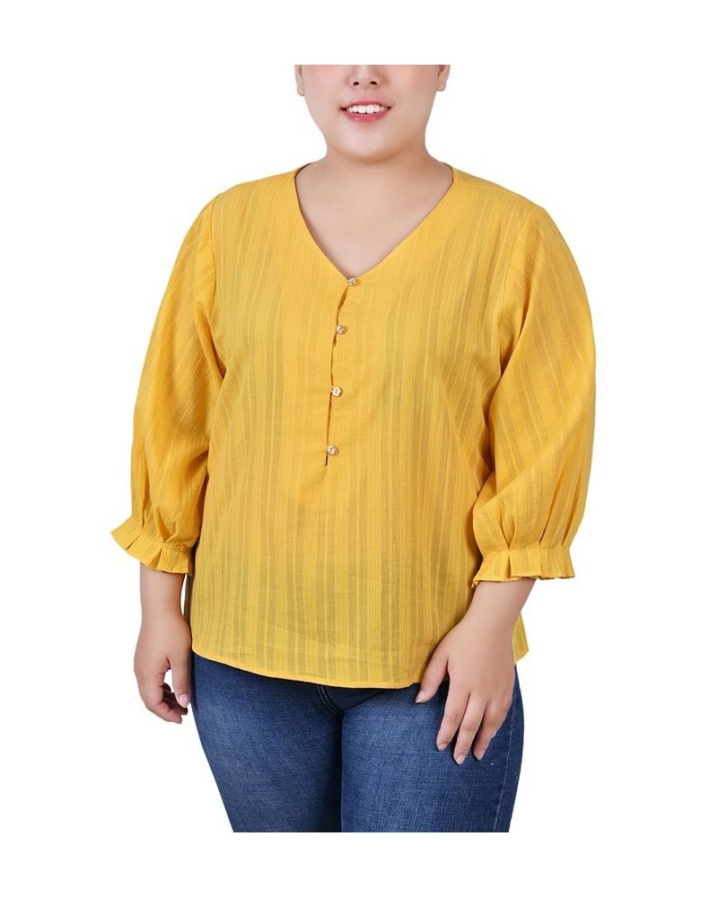 Plus Size 3/4 Sleeve Button Placket Jacquard Blouse Yellow $14.20 Tops